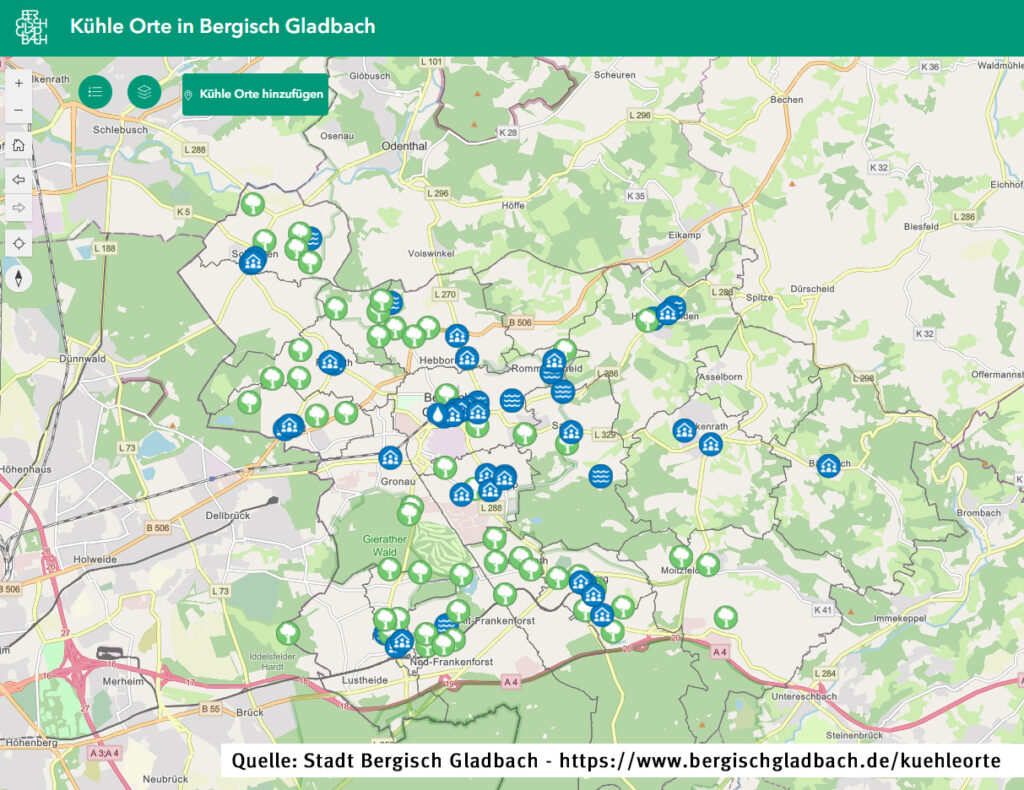 Karte Kühle Orte der Stadt Bergisch Gladbach