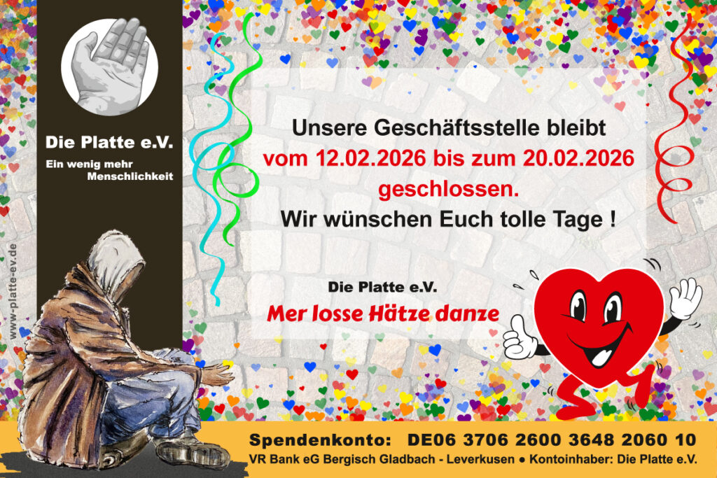 Platte e.V. - Unsere Geschäftsstelle vom 12. bis 20.02.2026 geschlossen